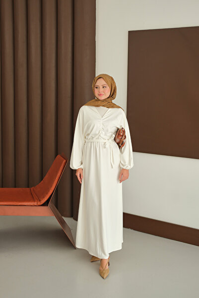 LOCCO Women's Drawstring Detail Dress Ecru