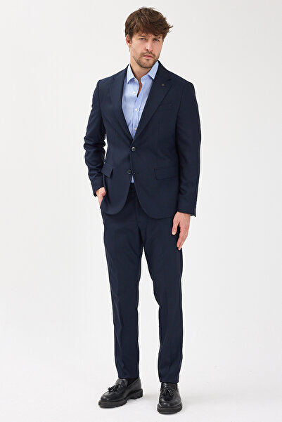 Frappoli Haldey Men's Navy Blue Polyviscose Fabric Mono Collar Cover Pocket Half Lining Slimfit 2-Piece Suit