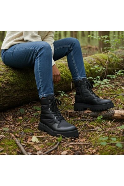 NE&VE SHOES Μαύρες γνήσιες δερμάτινες μπότες με λεπτομέρεια αλεξίπτωτου με κο...