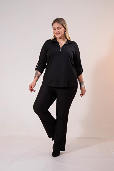 Roxxlen 3330741 Πλεκτό με φερμουάρ μεγάλου μεγέθους Γυναικεία μπλούζα Μαύρη