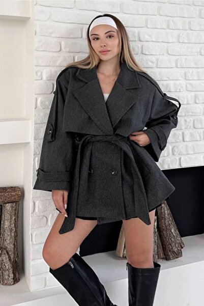 VAGGON Women's Anthracite Double-Breasted Collar Belted Cashmere Coat Vs01647