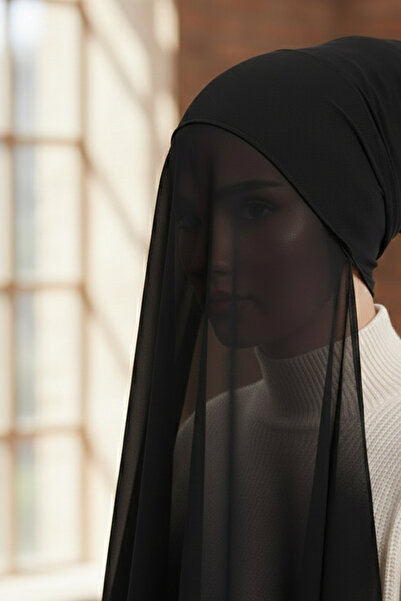 Sonbaharmoda Ready-To-Wear Chiffon Shawl with Tubular Bones Black – Stylish, Comfortable, and Convenient One-Piece Design