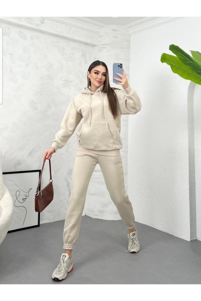 jeneric Beige Hooded Kangaroo Pockets Oversized Elasticated Legs Fleece Inside Women's Tracksuit Set