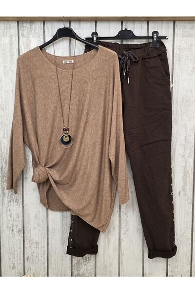 pudubutik Studded Stretch Fabric Italian Trousers Brown