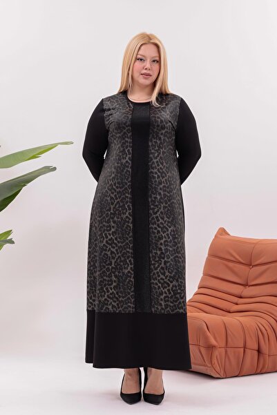 Siyezen Plus Size Leopard Detailed Rhinestone Dress