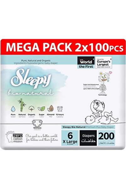 Sleepy Bio Natural Premium Size 6 Diapers - 200 Count, 15-25Kg, Hypoallergenic