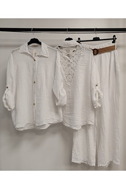 della moor Women's White Italian Linen Suit with Lace Back, Includes Pants and Shirt