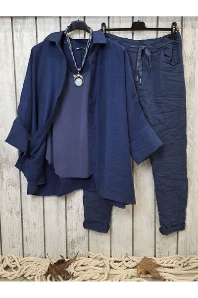 pudubutik Flowy Lyocell Navy Blue Shirt