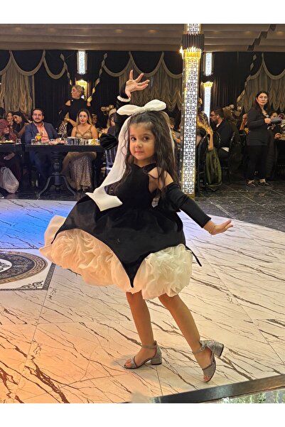 Sare Çocuk Giyim Black Velvet Skirt with White Rose Motif Special Design Girl's Evening Dress Birthday Dress +Buckle + Sleeves