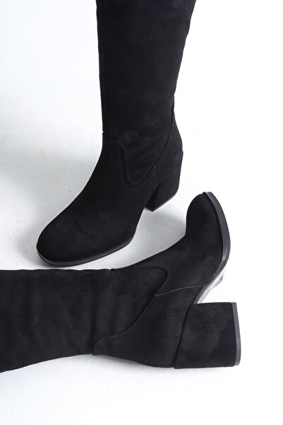 Redoxy Women's Special Design Oval Toe Thick Heeled Zippered Suede Boots