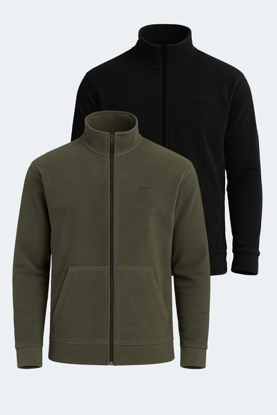 Slazenger Sansa Set of 2 Men's Zippered D Mock Neck Pocket Black - Khaki Fleece