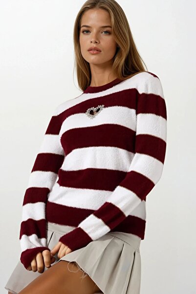 VAGGON Women's Burgundy-White Heart Detailed Stone Embroidered Striped Knitwear Sweater Vs01646