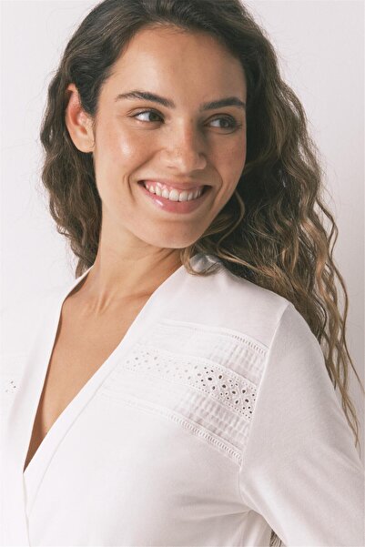 Perspective Women Secret Білий з кишенями та зав'язками, довжиною до коліна, з довгими рукавами, бавовняний халат для вагітних