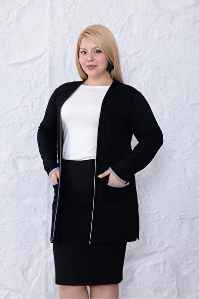 Siyezen Large Size Striped Detail Basic Cardigan