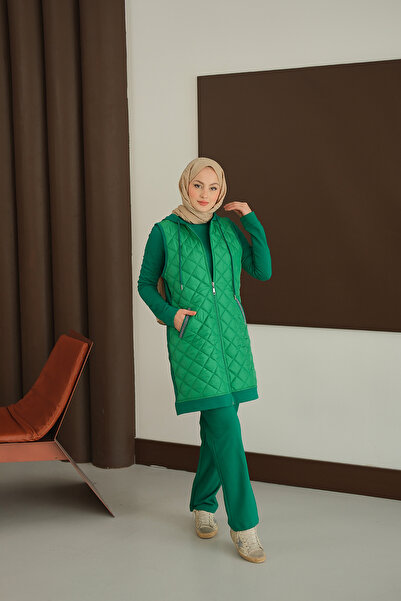 LOCCO Women's Pockets with Glitter Detail Vest Set Sets Green