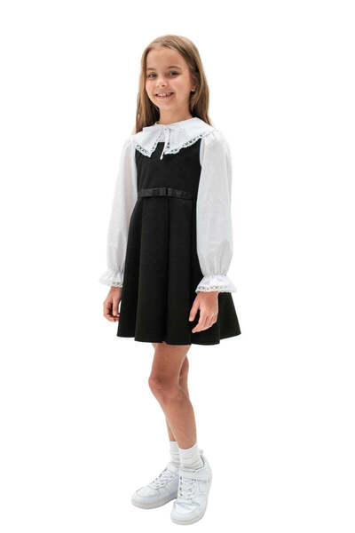 SOLLUXE NIARA – Woolen pinafore with elegant bow and pleated design, black, 128