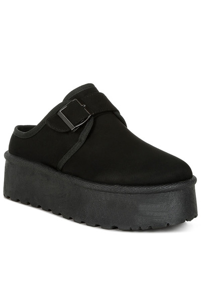 london Rag Women Buckle Strap Fur Platform Classic Slip-On in Black