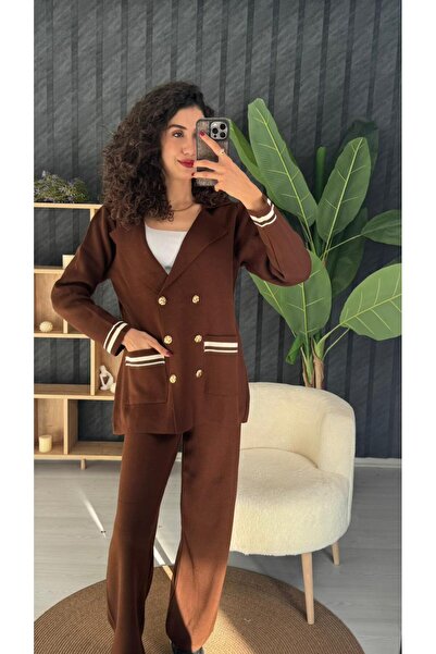 PUANT ATELIER Double Pocket Gold Button Detailed Knitwear Double-Breasted Blazer Set