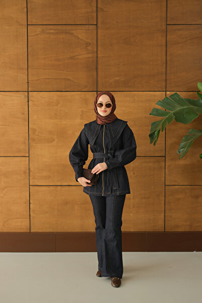 LOCCO Women's Zippered Denim Suit Navy Blue