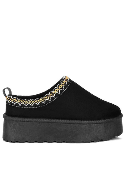 london Rag Women Black Embroidered Platform Fur Classic Slip-On