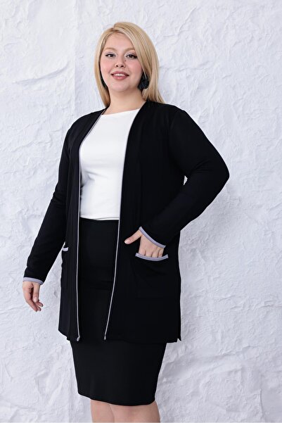 Siyezen Large Size Striped Detail Basic Cardigan