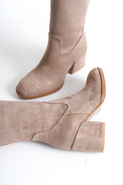 Redoxy Women's Special Design Oval Toe Thick Heeled Zippered Suede Boots