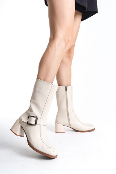 Redoxy Women's Special Design Belt Detailed Thick Mid-Heeled Boots