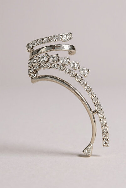 TAKIŞTIR Gümüş Renk Taş Detaylı 14K Altın Kaplama TX Ear Cuff (Tek)