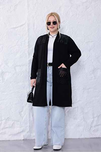 Siyezen Plus Size Cardigan with Pockets Organza Tulle Detail