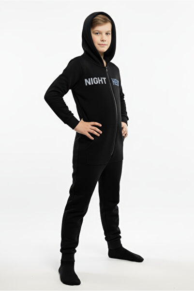Kyron Cotton Pocket Detailed Zippered Hooded Boys' Jumpsuit Night Hero-Black