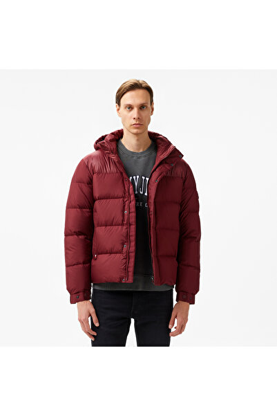 Tommy Hilfiger Palton puf pentru bărbați roșu Claret - cu glugă, fermoar și d...