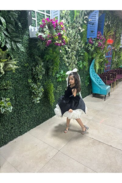 Sare Çocuk Giyim Black Velvet Skirt with White Rose Motif Special Design Girl's Evening Dress Birthday Dress +Buckle + Sleeves