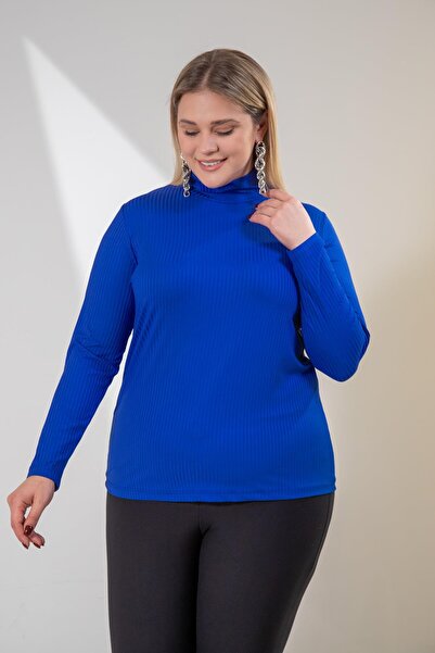 Roxxlen 1220626 Μεγάλο μέγεθος κοτλέ Γυναικεία μπλούζα με ζιβάγκο μπλε κοβαλτίου