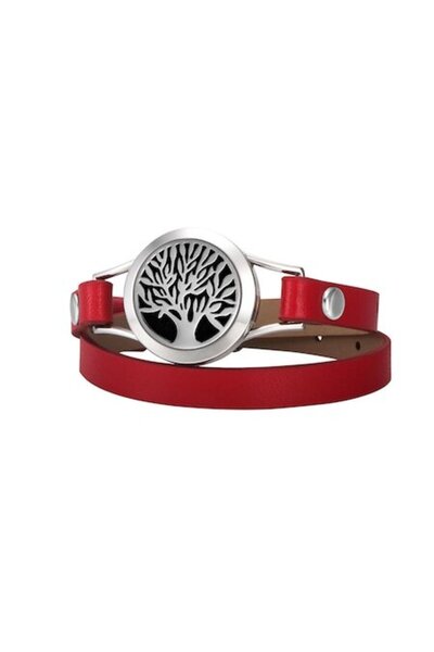 Ezera Aromatherapy Bracelet - Tree of Life Essential Oil Diffuser, Double Faux Leather, Red-Silver