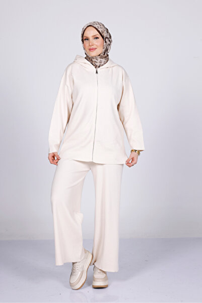 My City 44126 - Stylish Comfortable Soft Textured Knitwear Pants with Zipper, Hooded Cardigan Women's Set