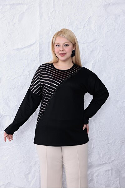 Siyezen Plus Size Silver Detailed Batwing Sleeve Blouse