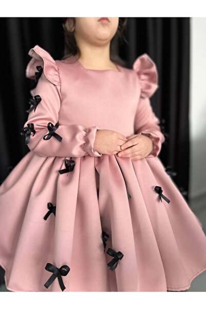 Sare Çocuk Giyim Deluxe Collection Girl's Pink Satin Black Bow Special Design Birthday Evening Dress