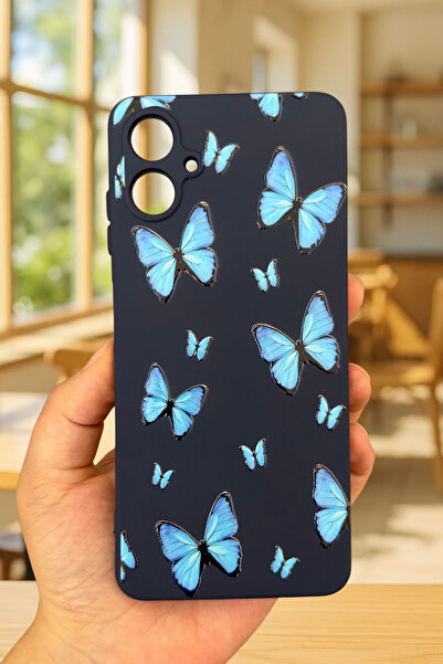 Vip Case Samsung Galaxy A07 Compatible Blue Butterfly Patterned Silicone Shock-Absorbing Classic Protective Rubber Case 277
