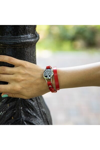 Ezera Aromatherapy Bracelet - Tree of Life Essential Oil Diffuser, Double Faux Leather, Red-Silver