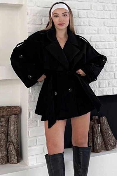 VAGGON Women's Black Double-Breasted Collar Belted Cashmere Coat Vs01647