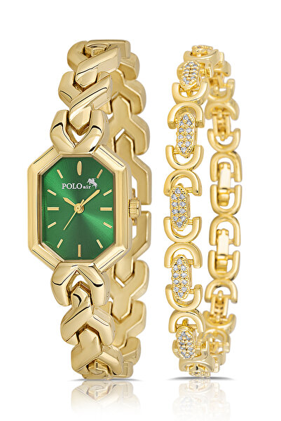 Polo Air Vintage Kadın Kol Saati Oval Model Bileklik Kombin Gold Yeşil Renk P...