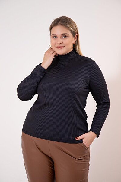 Roxxlen 1220626 Μεγάλο μέγεθος κοτλέ Γυναικεία μπλούζα με ζιβάγκο μαύρη