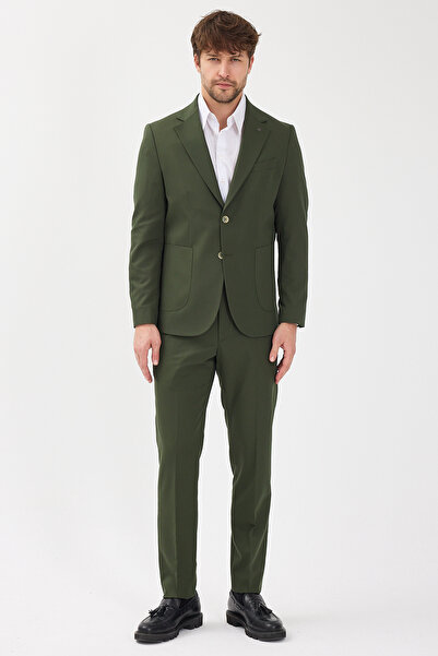 Frappoli Caserta Men's Khaki Polyviscon Fabric Mono Collar Bag Pocket Half Lining Slim Fit 2-Piece Suit