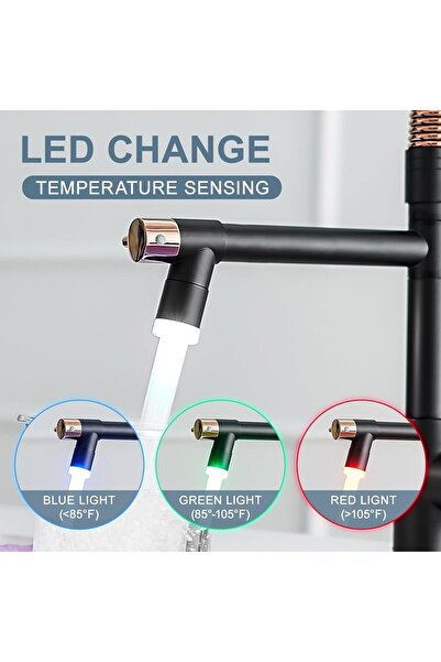 AIMADI Matte Black & Rose Gold LED Kitchen Faucet, Single Handle Pull-Down (AM-3033B-LED)
