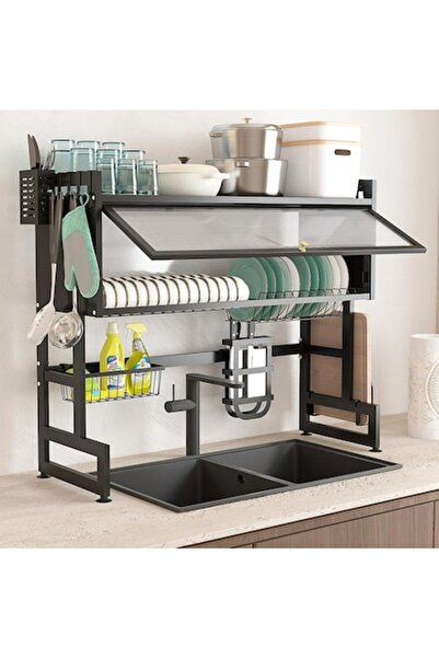 RorAem Suport de vase multifuncțional pentru chiuvetă, cu 2 niveluri, 86 x 30.5 x 11 cm, negru