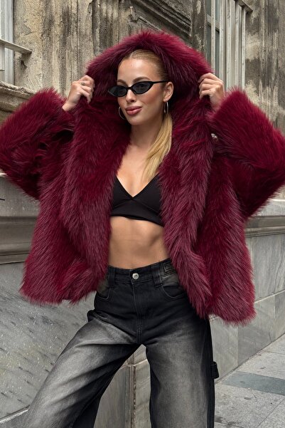 VAGGON Double Pocket Lined Hooded Fur Coat