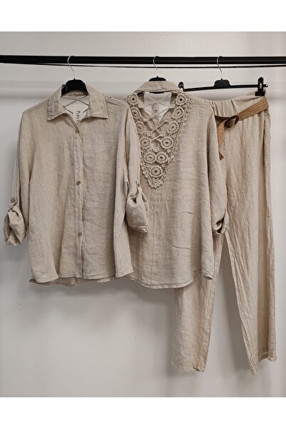 della moor Women's Beige Italian Linen Suit with Lace Back, Includes Pants and Shirt