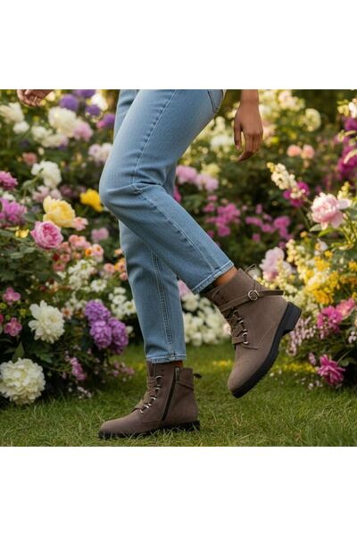 NE&VE SHOES Γυναικείες μπότες με φερμουάρ από γνήσιο δέρμα σε μπεζ σουέντ με κορδόνια