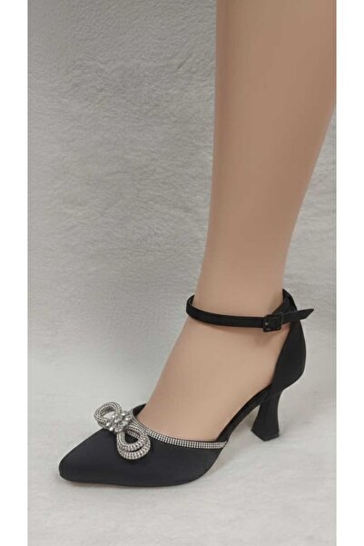 Berush Bride Women's Black Satin Stone Bow Heelled Evening Shoes