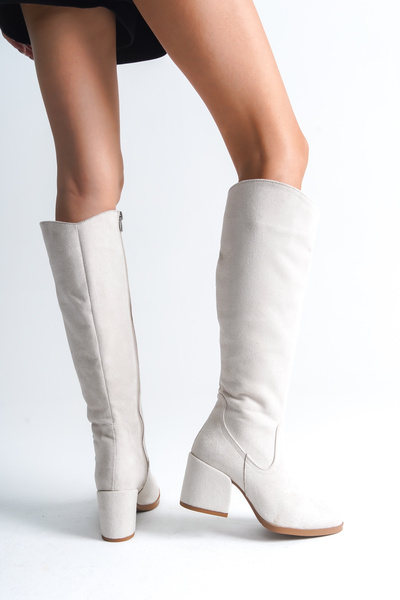 Redoxy Women's Special Design Oval Toe Thick Heeled Zippered Suede Boots